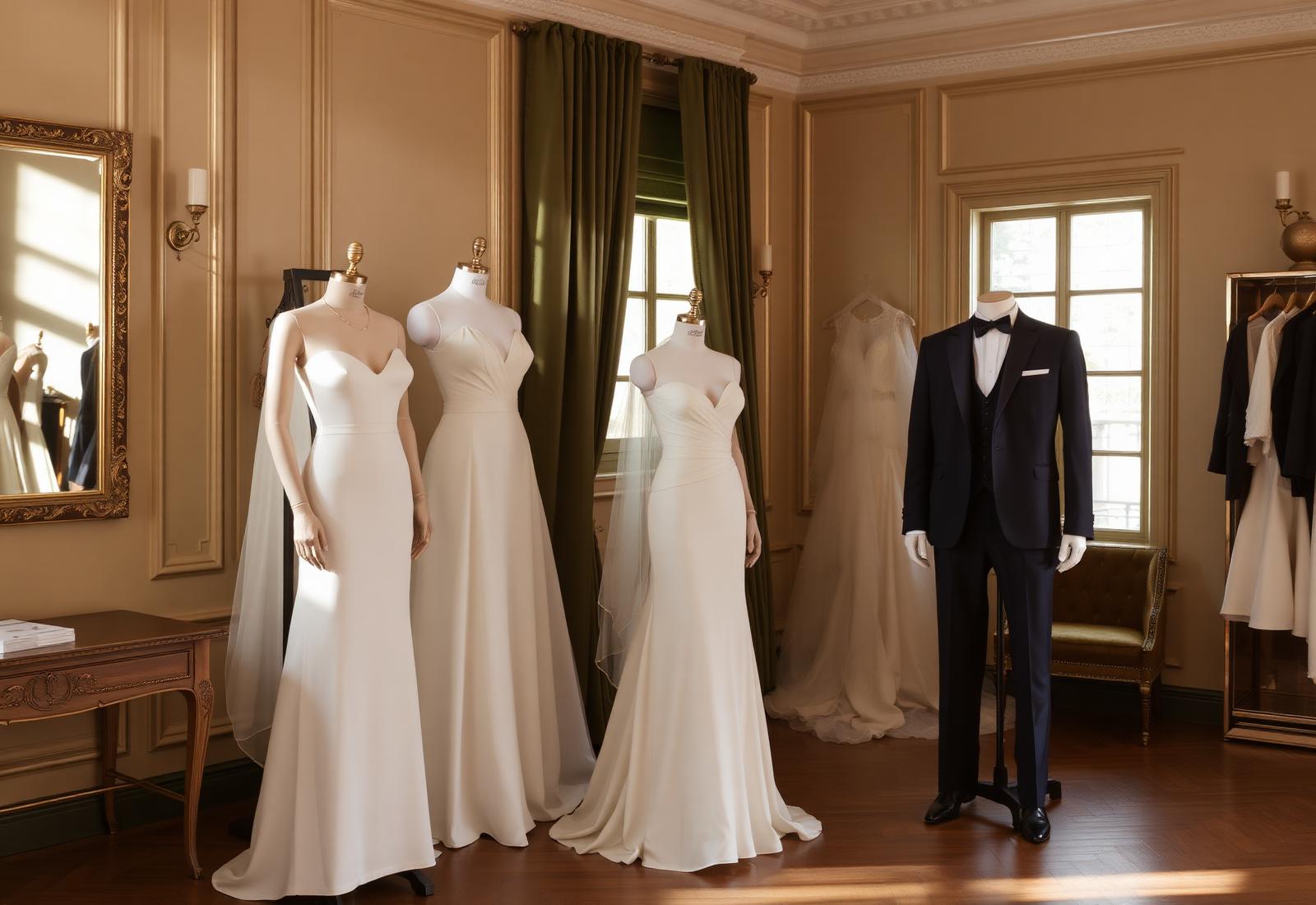 Salão do ateliê com vestidos e ternos